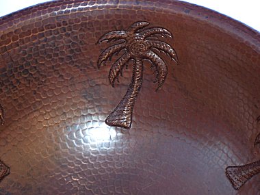 Hammered Round Palm Trees Bathroom Copper Sink Close-Up