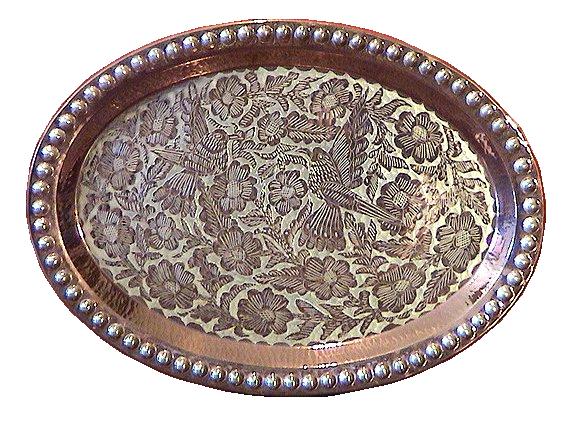 Folk Art Oval Silver & Copper Tray