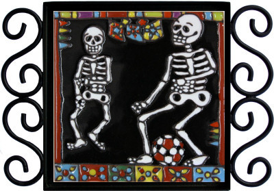 TalaMex Football Players. Day-Of-The-Dead Clay Tile Close-Up