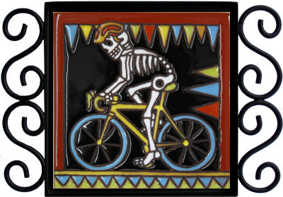 Biking. Day-Of-The-Dead Clay Tile Close-Up