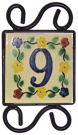 Wrought Iron House Number Frame Bouquet-Blue 1-Tile Close-Up