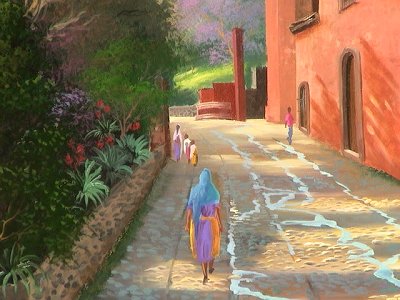 Santa Monica Village. Mexican Fine Oil Painting Close-Up