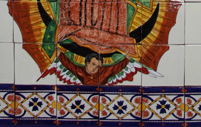 Our Lady Virgen De Guadalupe. Clay Talavera Tile Mural Close-Up