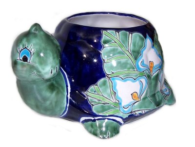 Hand-Painted Mexican Lily Turtle Talavera Ceramic Planter Close-Up