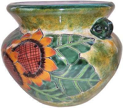 Brushed Green Sunflowers Talavera Ceramic Pot