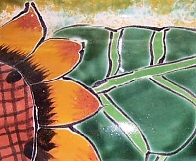 Brushed Green Sunflowers Talavera Ceramic Pot Close-Up
