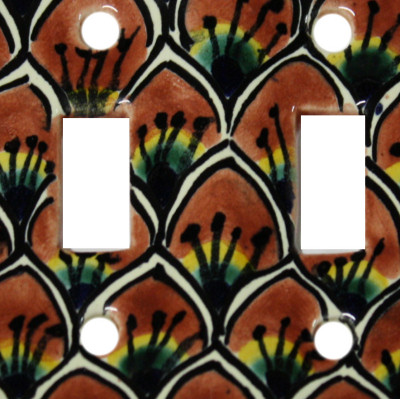 TalaMex Brown Peacock Talavera Ceramic Double Toggle Switch Plate Close-Up