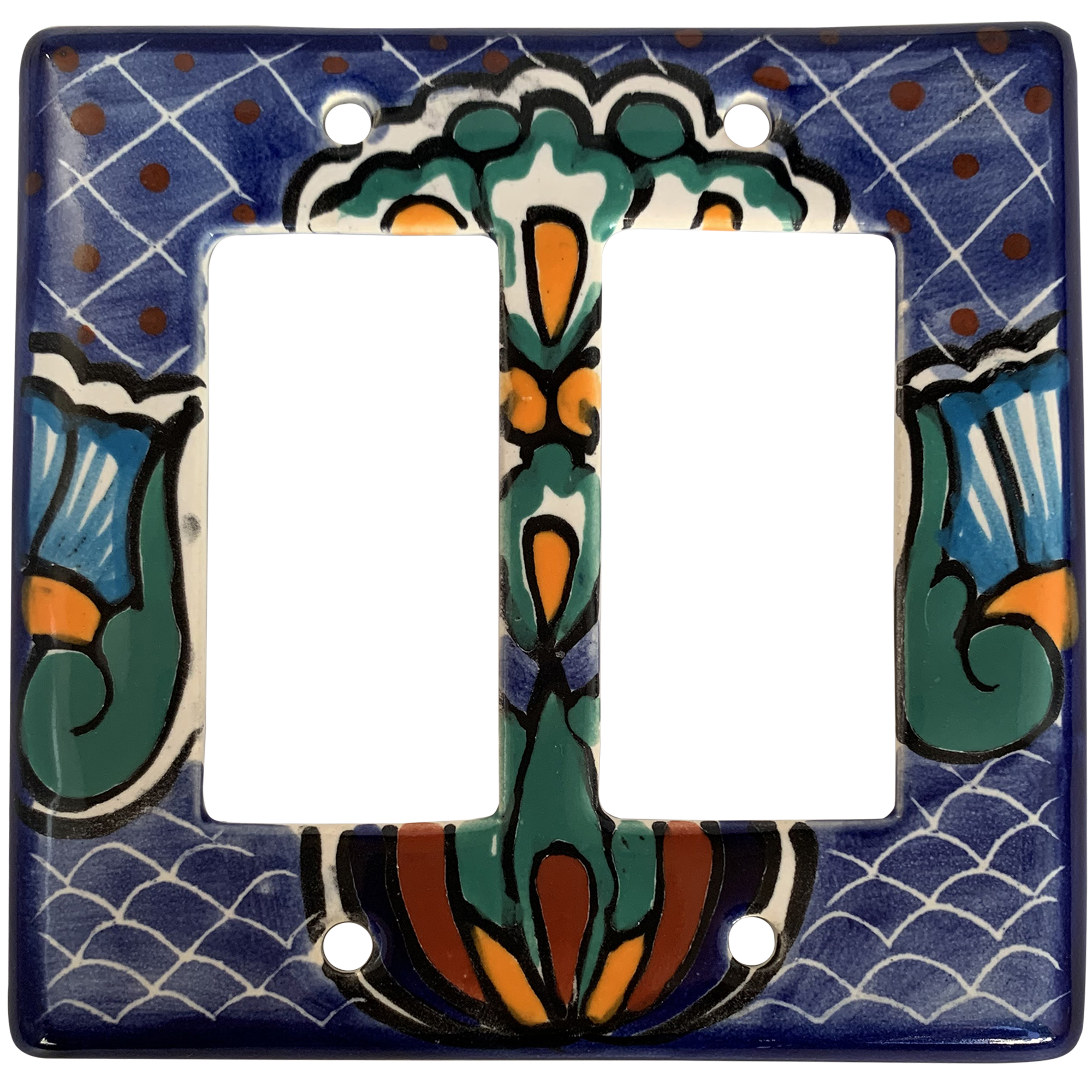 TalaMex Blue Mesh Double GFI/Rocker Mexican Talavera Ceramic Switch Plate