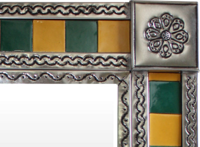 TalaMex Green/Yellow Tile Talavera Tin Mirror Close-Up