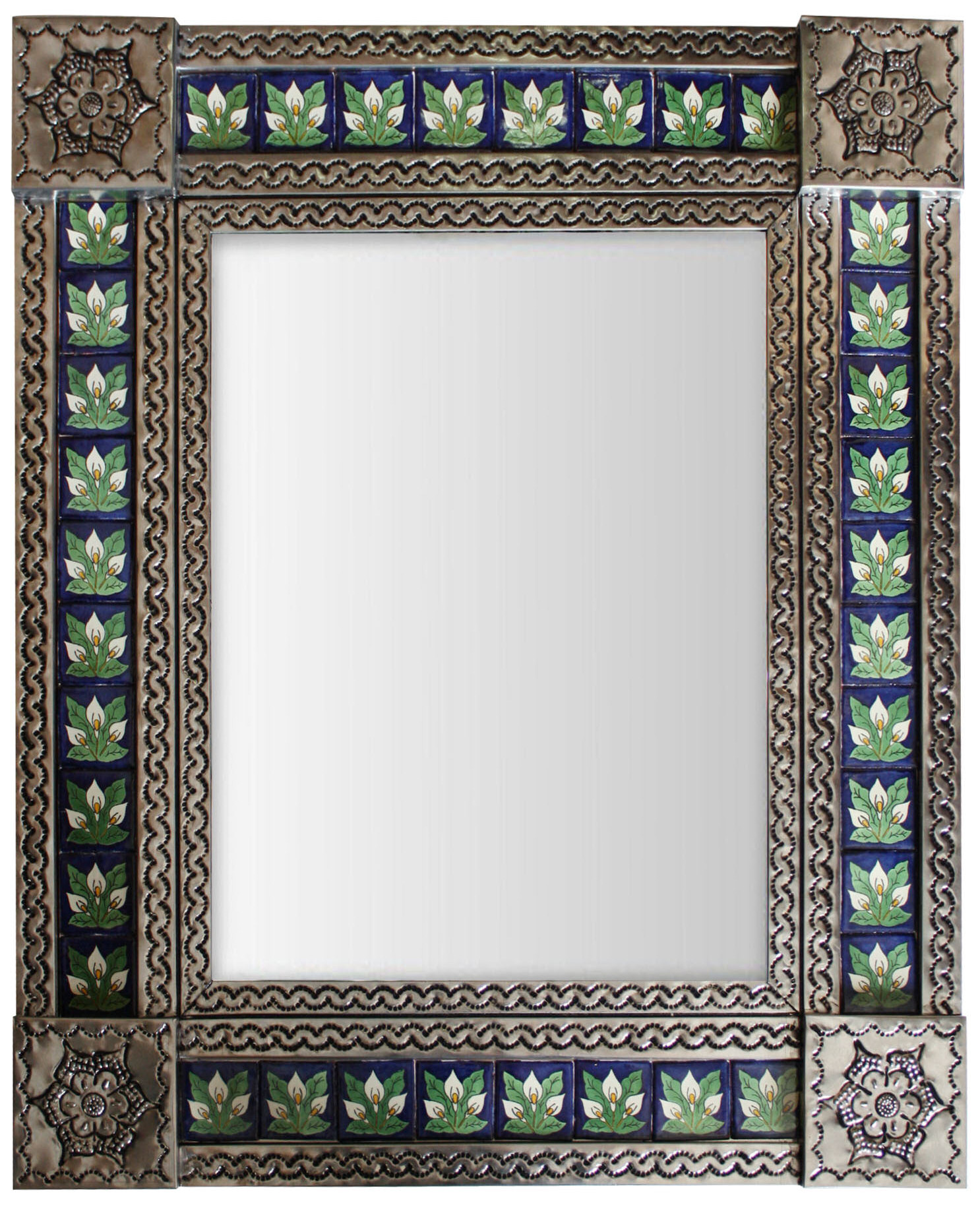 TalaMex Medium Brown Three-Lily Mexican Talavera Tile Mirror