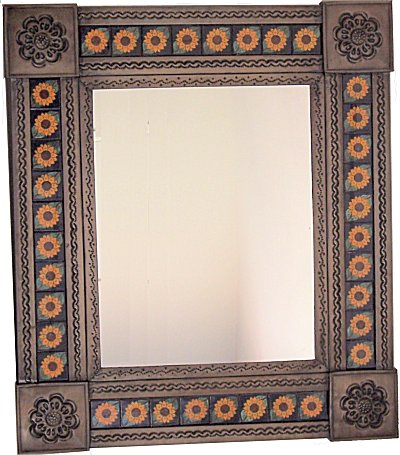 Brown Sunflower Tile Talavera Tin Mirror