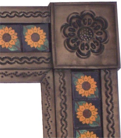 Brown Sunflower Tile Talavera Tin Mirror Close-Up