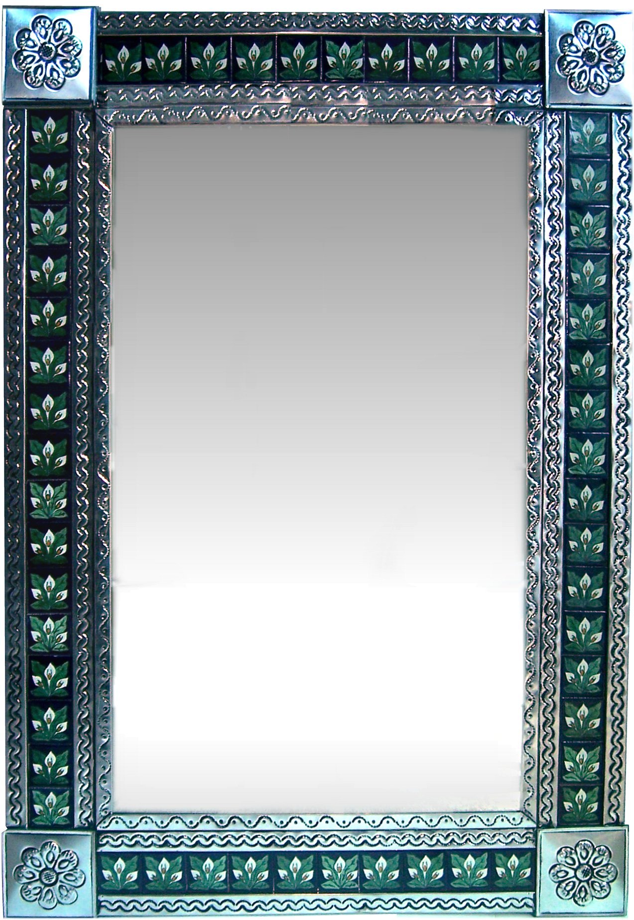 TalaMex Big Silver 3-Lily Tile Talavera Tin Mirror