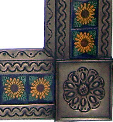 TalaMex Medium Brown Sunflower Tile Talavera Tin Mirror Close-Up