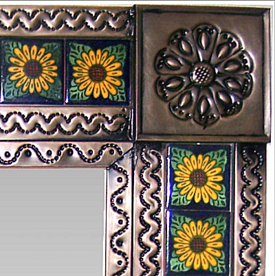 TalaMex Small Brown Sunflower Tile Talavera Tin Mirror Close-Up
