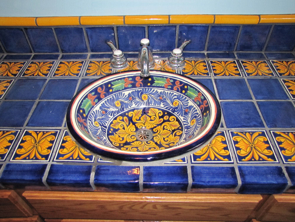 Mexican sink and Talavera Tile in a Vanity, Mexican Home Decor Gallery