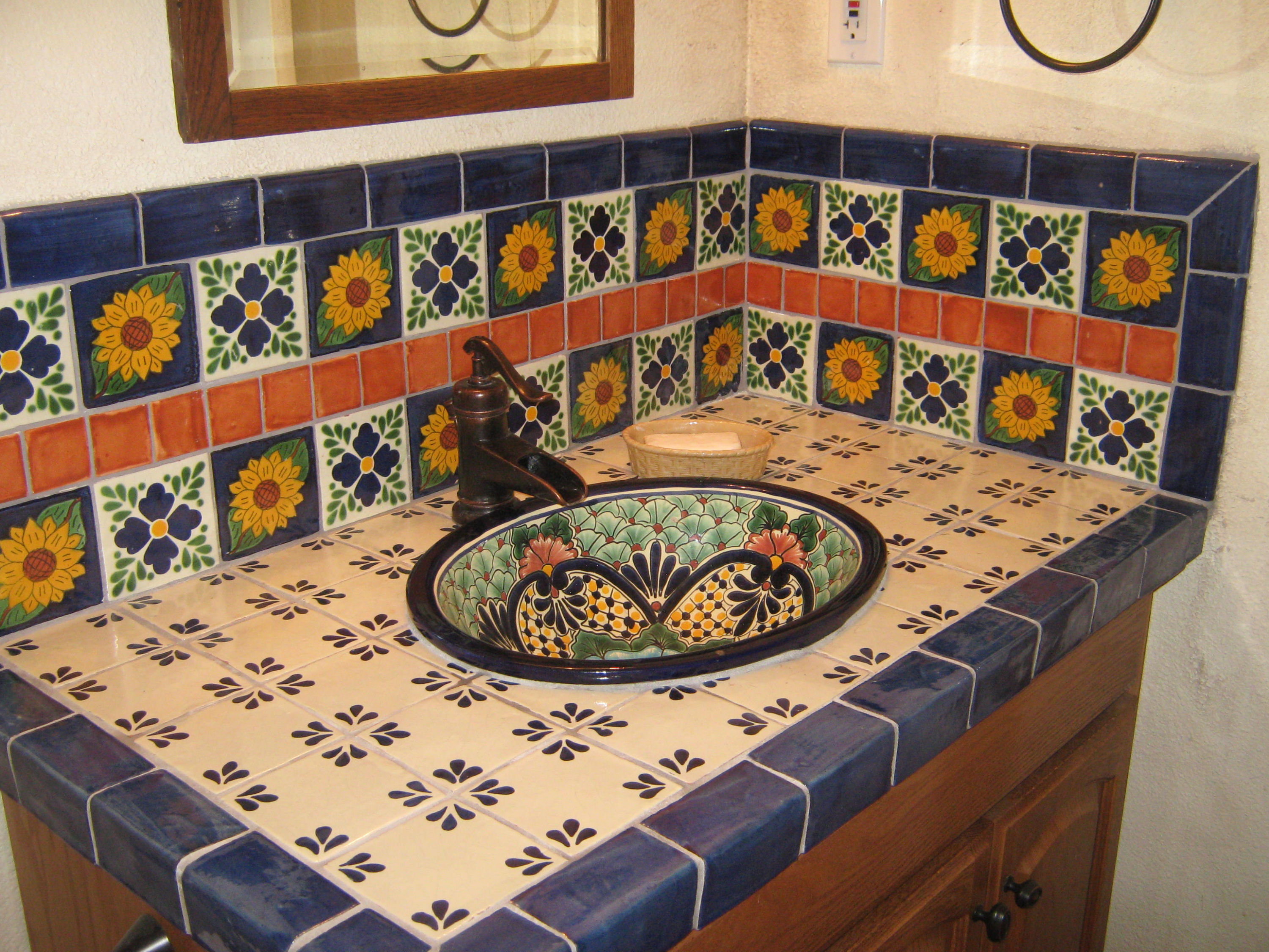 Talavera Sink Showing Tiled Backsplash, Mexican Talavera Tile Backsplash