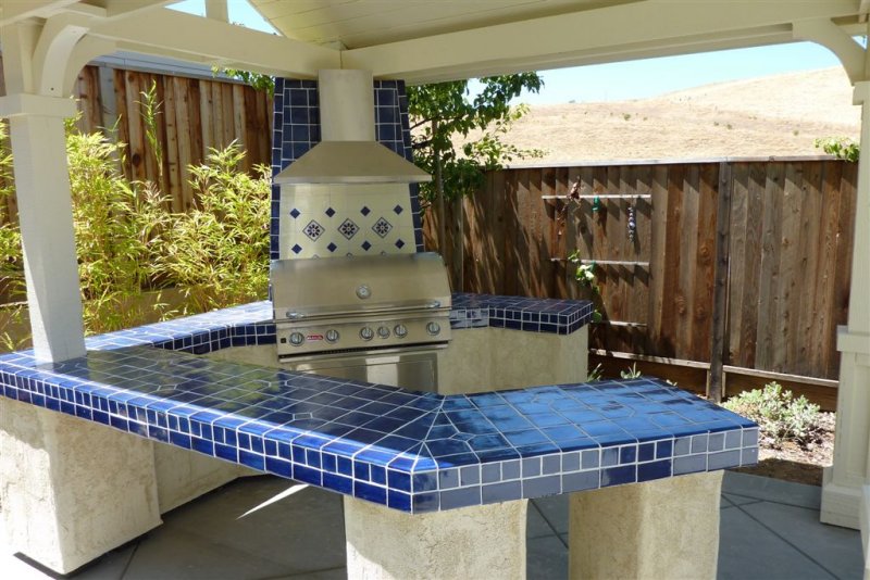 Cobalt Blue Mexican Talavera Tile On A BBQ Countertop, Mexican Home