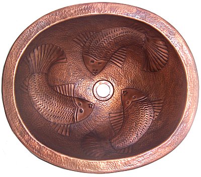 Embossed Fish Hammered Oval Bathroom Copper Sink