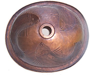 Embossed Fish Hammered Oval Bathroom Copper Sink Details