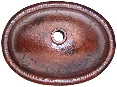 Hammered Oval Palm Trees Bathroom Copper Sink Details