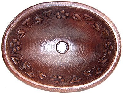 Hammered Oval Flowers Bathroom Copper Sink