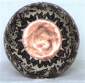 Folk Art Black Background Silver Copper Vase Details