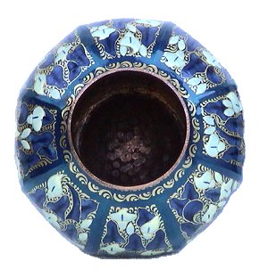 Folk Art Octagonal Alcatraz Copper Vase Close-Up