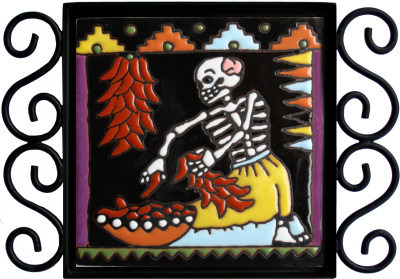 The Chile Trensas. Day-Of-The-Dead Clay Tile Close-Up