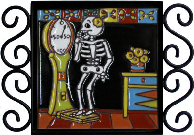 On Diet. Day-Of-The-Dead Clay Tile Close-Up