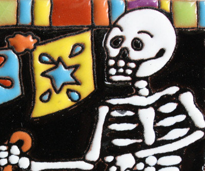 Walking The Dog. Day-Of-The-Dead Clay Tile Close-Up