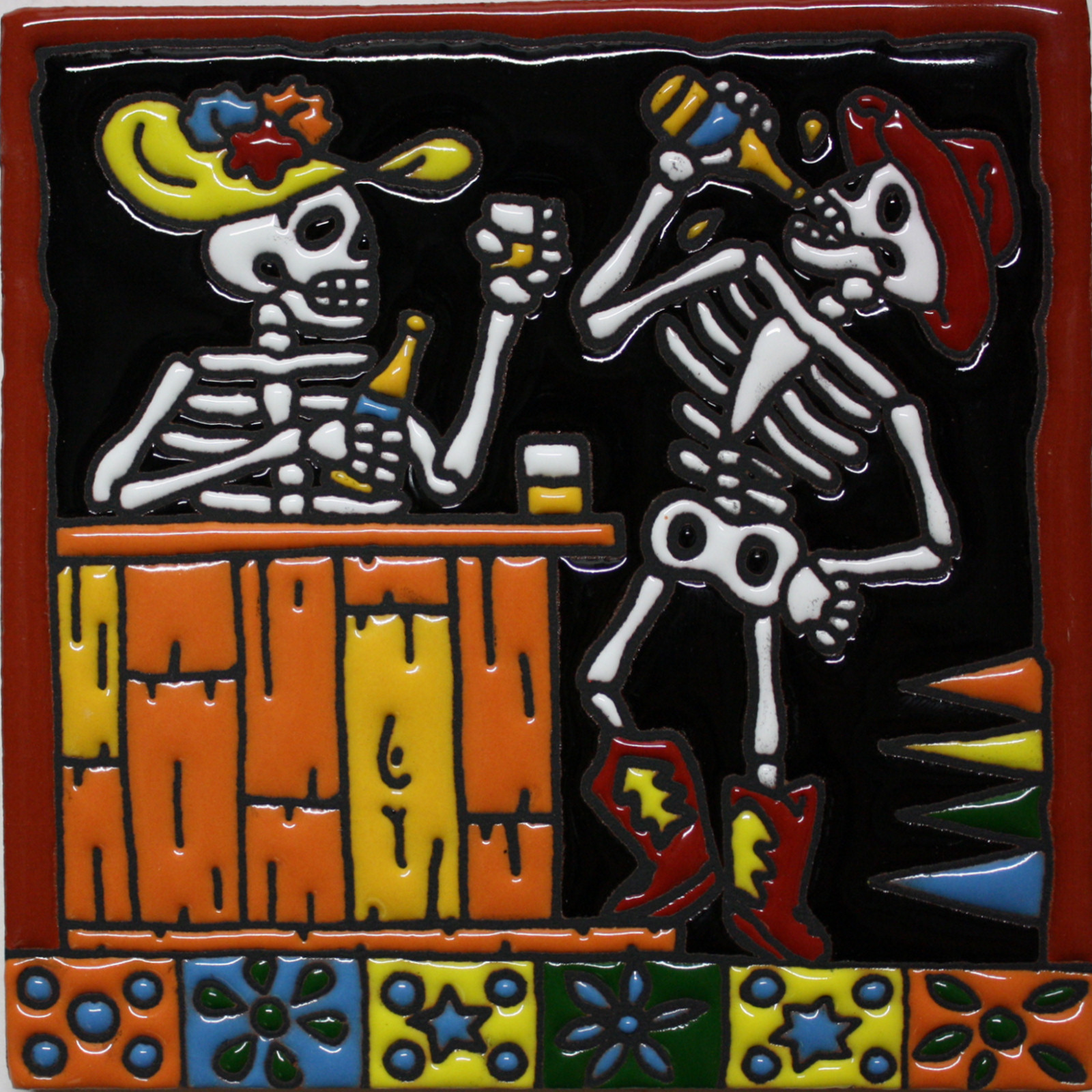 6x6 Playing Billiard. Day Of The Dead Clay Tile, Size: 6" W X 6" L