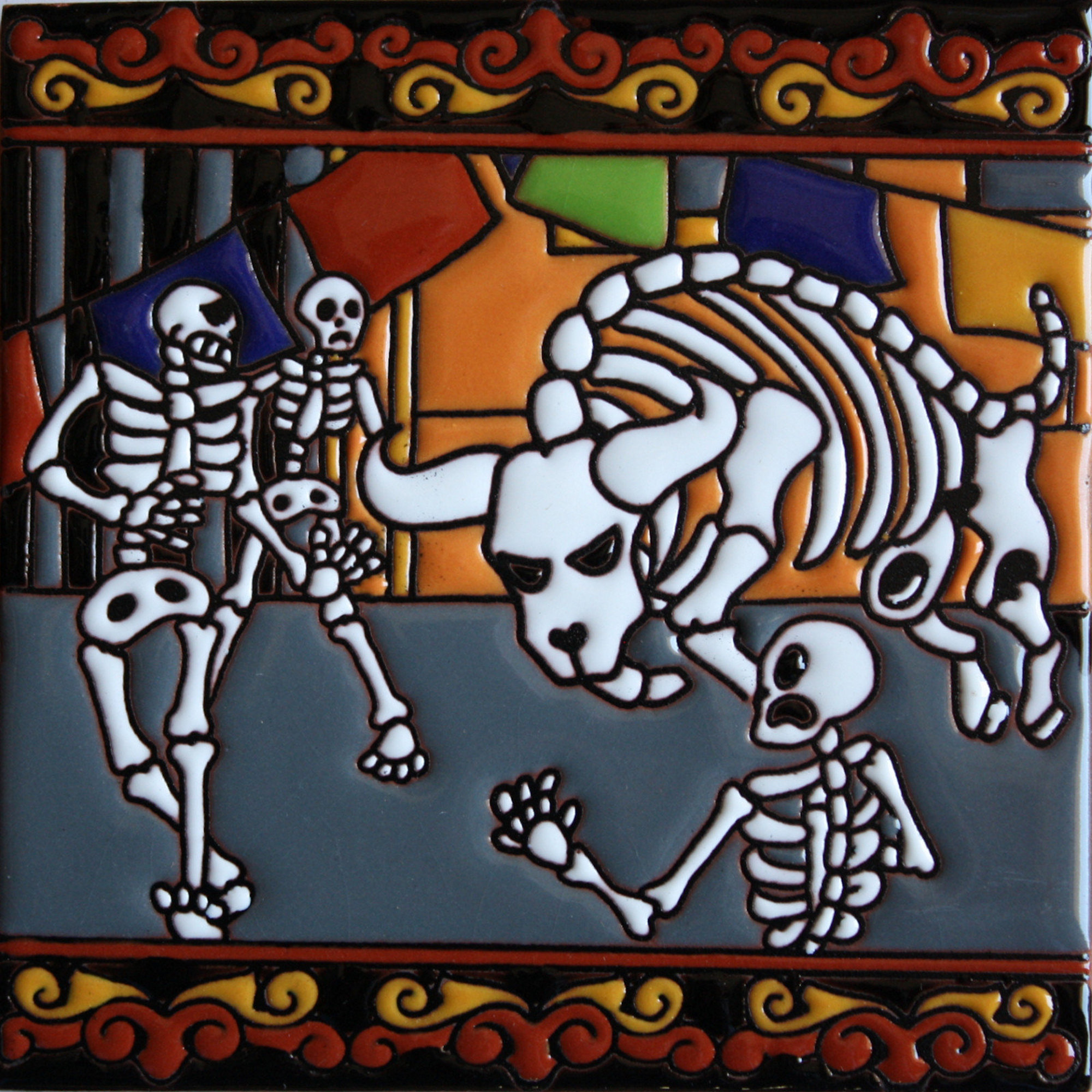 TalaMex Running of the Bulls. Day-Of-The-Dead Clay Tile