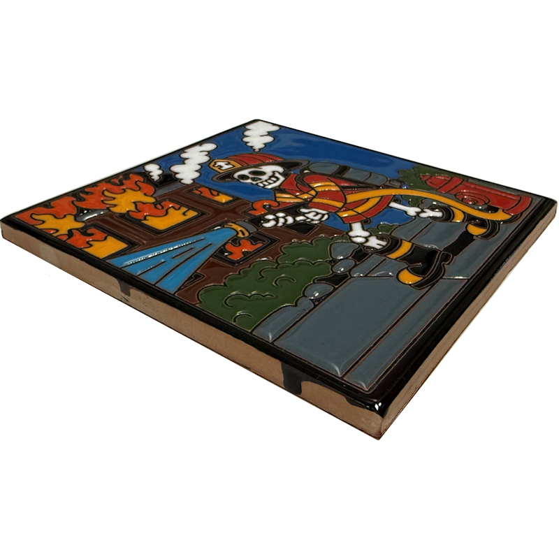 TalaMex Firefighter. Day-Of-The-Dead Talavera Clay Tile Close-Up