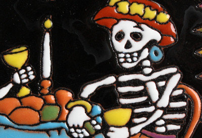 Romantic Getaway. Day-Of-The-Dead Clay Tile Close-Up