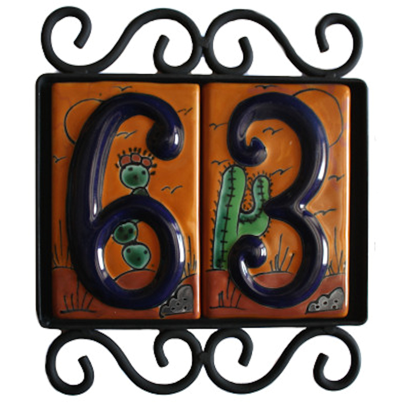 Wrought Iron House Number Frame Desert 2-Tiles Close-Up