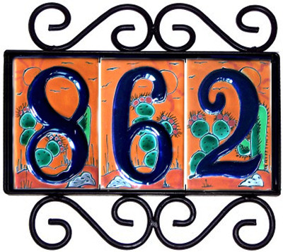 Wrought Iron House Number Frame Desert 3-Tiles Close-Up