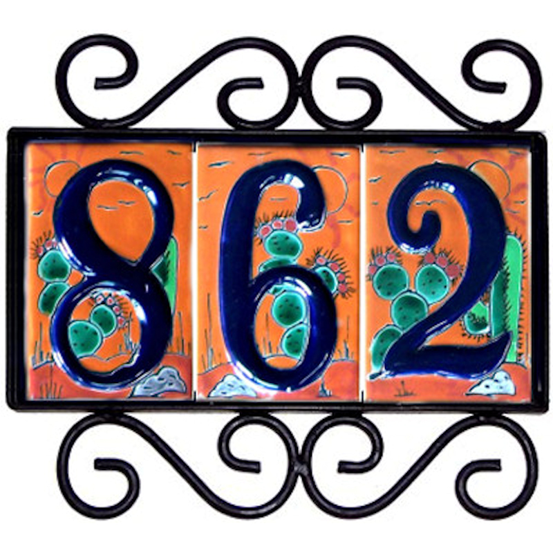 Wrought Iron House Number Frame Desert 3-Tiles Close-Up