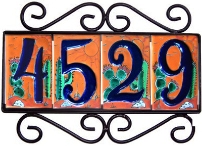 Wrought Iron House Number Frame Desert 4-Tiles Close-Up