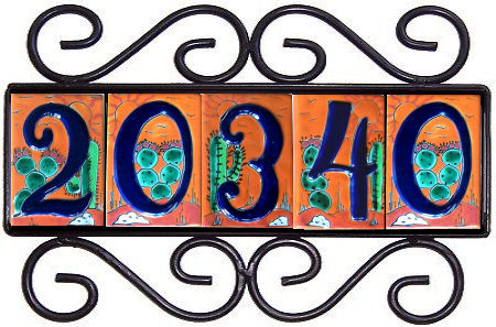 Wrought Iron House Number Frame Colonial-Desert 5-Tiles Close-Up