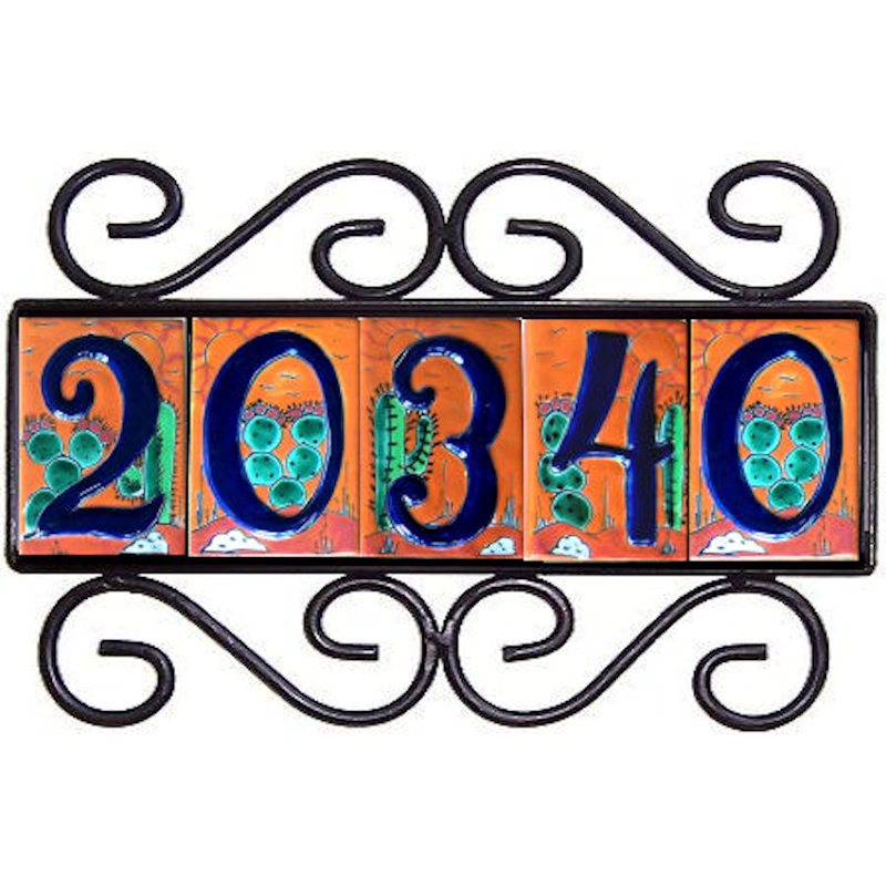 Wrought Iron House Number Frame Colonial-Desert 5-Tiles Close-Up