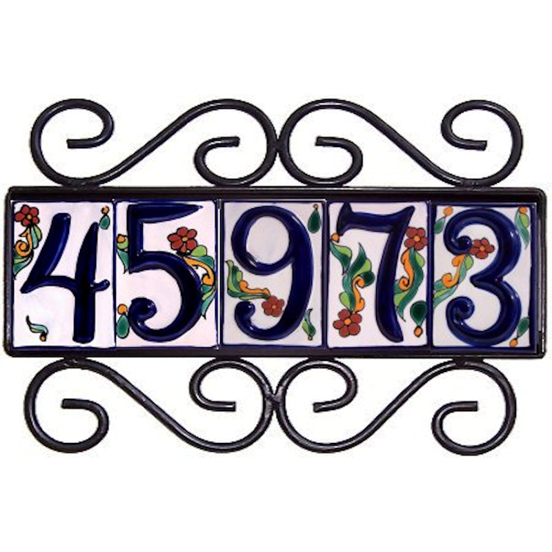 Wrought Iron House Number Frame Colonial 5-Tiles Close-Up