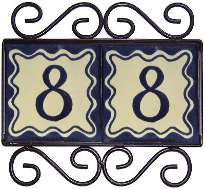 Wrought Iron House Number Frame Bouquet-Blue 2-Tiles Close-Up