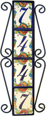 Wrought Iron Vertical House Number Frame Hacienda 4-Tiles Close-Up