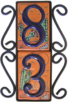 Wrought Iron Vertical House Number Frame Desert 2-Tiles Close-Up