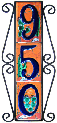 Wrought Iron Vertical House Number Frame Desert 3-Tiles Close-Up