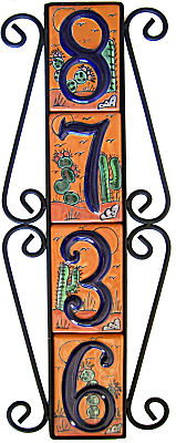 Wrought Iron Vertical House Number Frame Desert 4-Tiles Close-Up