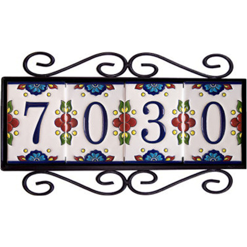 Wrought Iron House Number Frame Mission 4-Tiles Close-Up