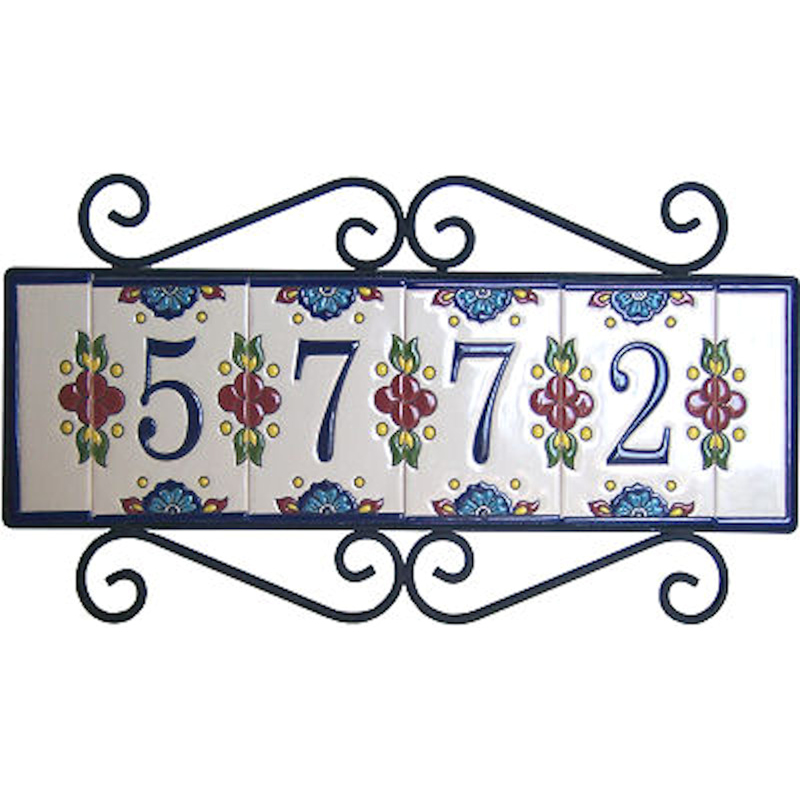 Wrought Iron House Number Frame Mission 5-Tiles Close-Up