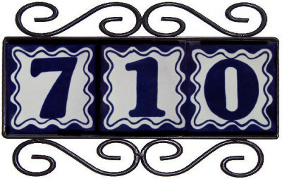Wrought Iron House Number Frame Bouquet-Blue 3-Tiles Close-Up